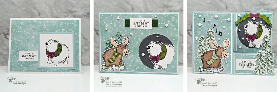3 Cards using the Christmas Friends Bundle 1 3 Cards using the Christmas Friends Bundle featuring a polar bear and a moose enjoying a Merry Christmas scene.