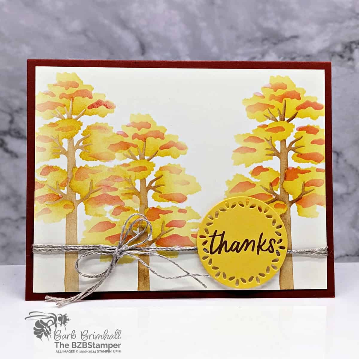 Fall Card with the Frosted Forest Decorative Masks 1 Fall Card with the Frosted Forest Decorative Masks with trees in yellows and browns and a "thanks" sentiment.