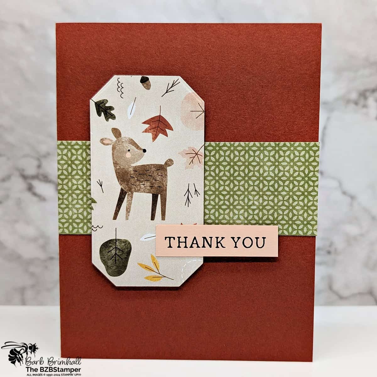5 Minute Thank You Card using Holiday Card Sketch 2 1 5 Minute Thank You Card using Holiday Card Sketch 2 featuring cute reindeer paper, in rust, brown and green, with a "thank you" stamped sentiment.