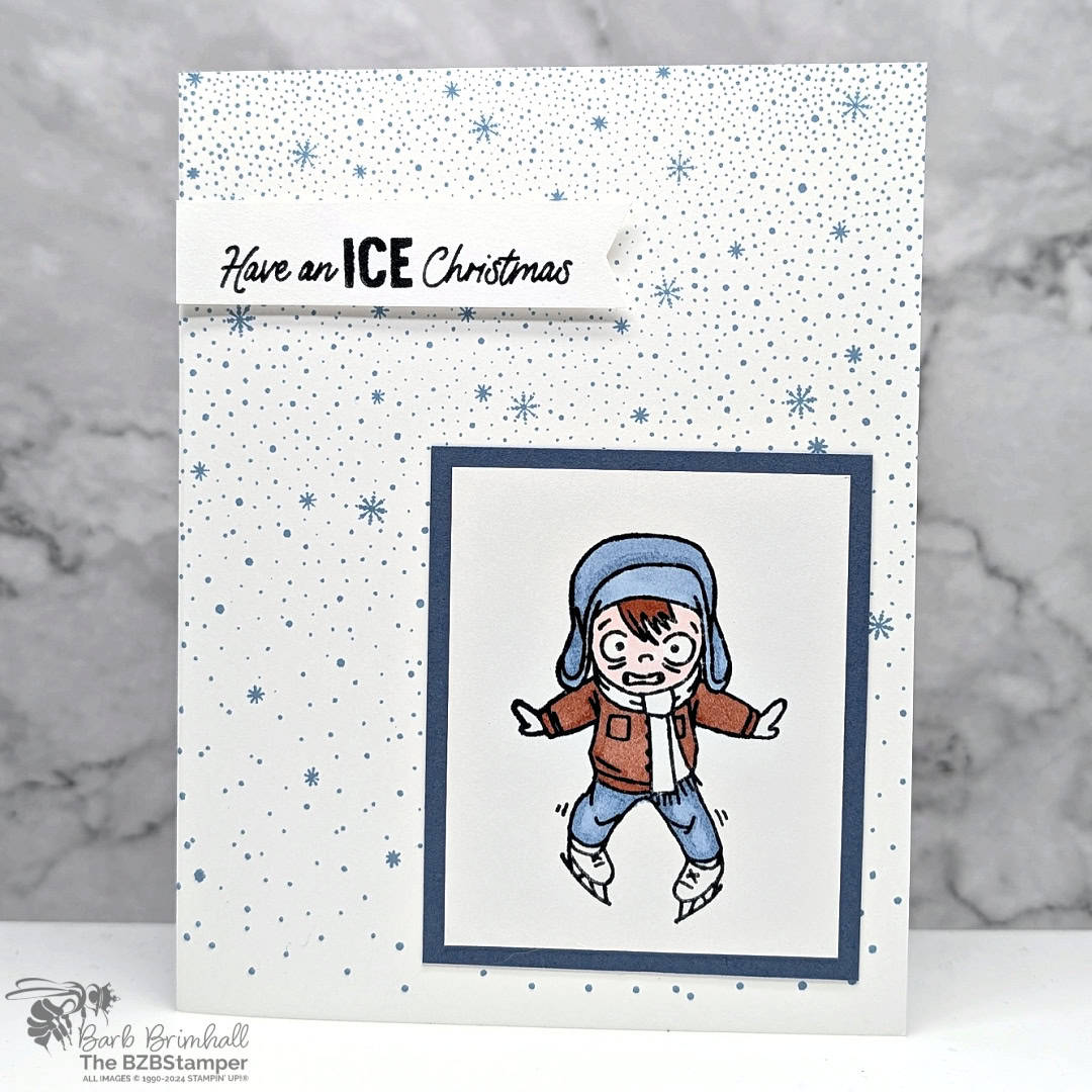 Have an Ice Christmas with the Dear Santa Stamp Set 1 Have an Ice Christmas with the Dear Santa Stamp Set featuring a boy trying not to fall on skates and a snowflake background in Blues and browns.