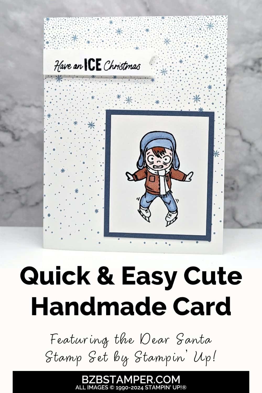 Have an Ice Christmas with the Dear Santa Stamp Set 5 Have an Ice Christmas with the Dear Santa Stamp Set featuring a boy trying not to fall on skates and a snowflake background in Blues and browns.