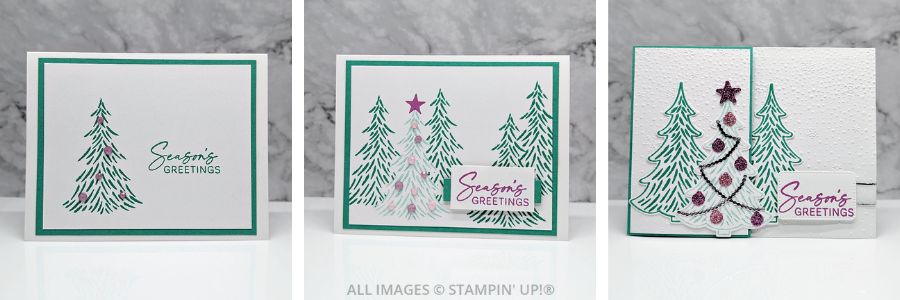 3 Cards using the Decorative Trees Bundle 1 3 Cards using the Decorative Trees Bundle by Stampin' Up! with fir trees in green and bright pink embellishments, with the 3rd card being a fun fold card. Sentiment is "Season's Greetings"