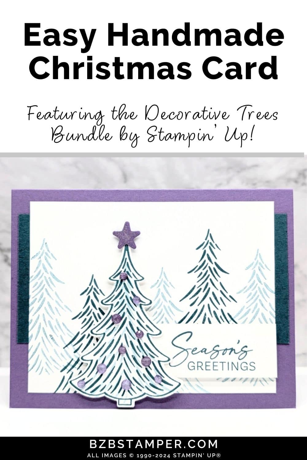 Season's Greetings with the Decorative Trees Bundle 5 Season's Greetings with the Decorative Trees Bundle featuring several fir trees in green-blue and purple accents and a "season's greetings" sentiment.
