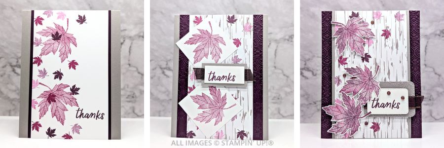 3 Cards using the Autumn To Remember Stamp Set 1 3 Cards using the Autumn To Remember Stamp Set by Stampin' Up! in shades of gray and purple, with a "thanks" sentiment and some beautiful wood-grain paper. Major focal point are purple leaves.