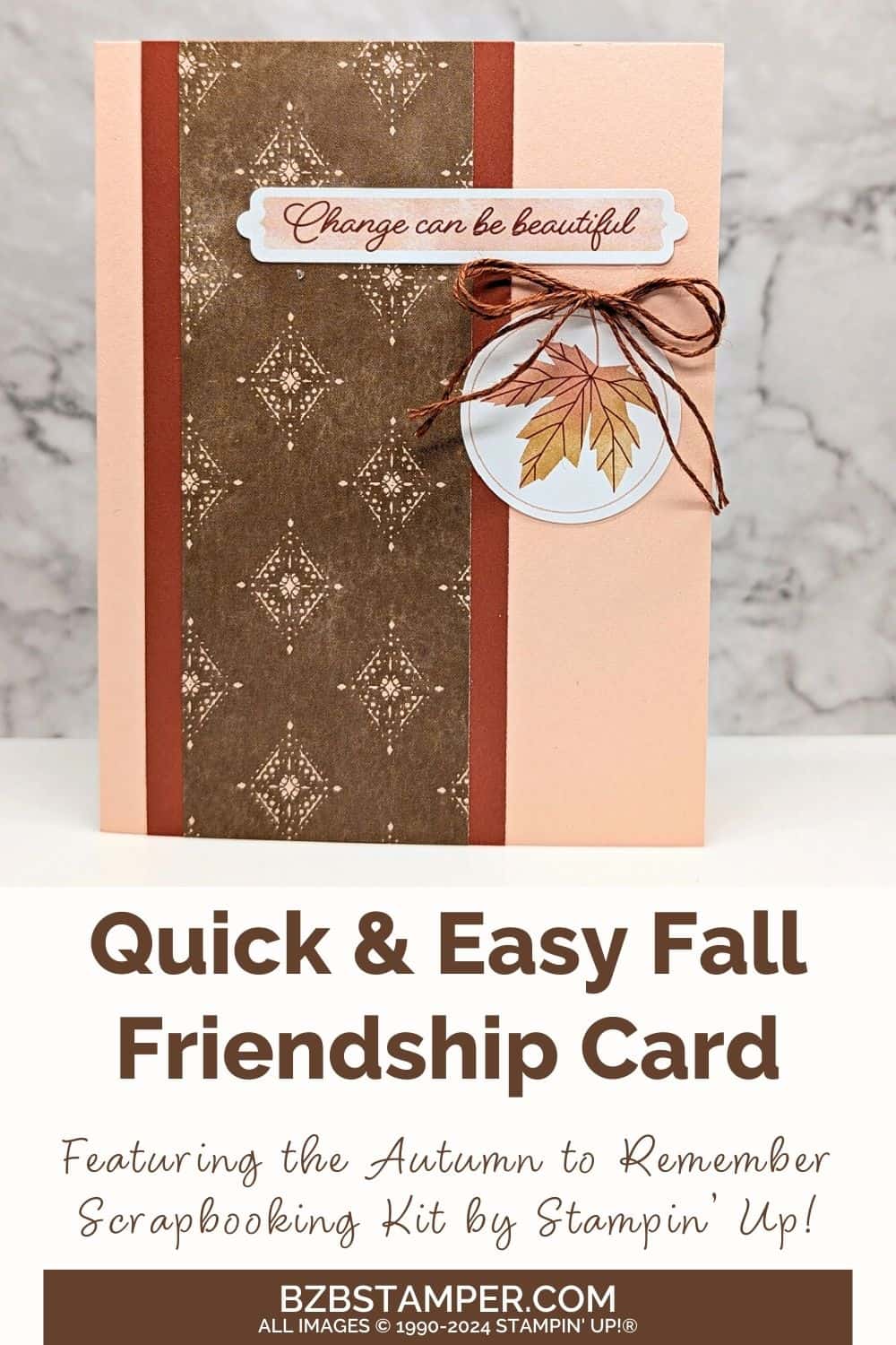Autumn to Remember Scrapbooking Kit 5 Autumn to Remember Scrapbooking Kit featuring a leaf and pretty papers in peach, rust and browns. Sentiment is "Change can be beautiful"
