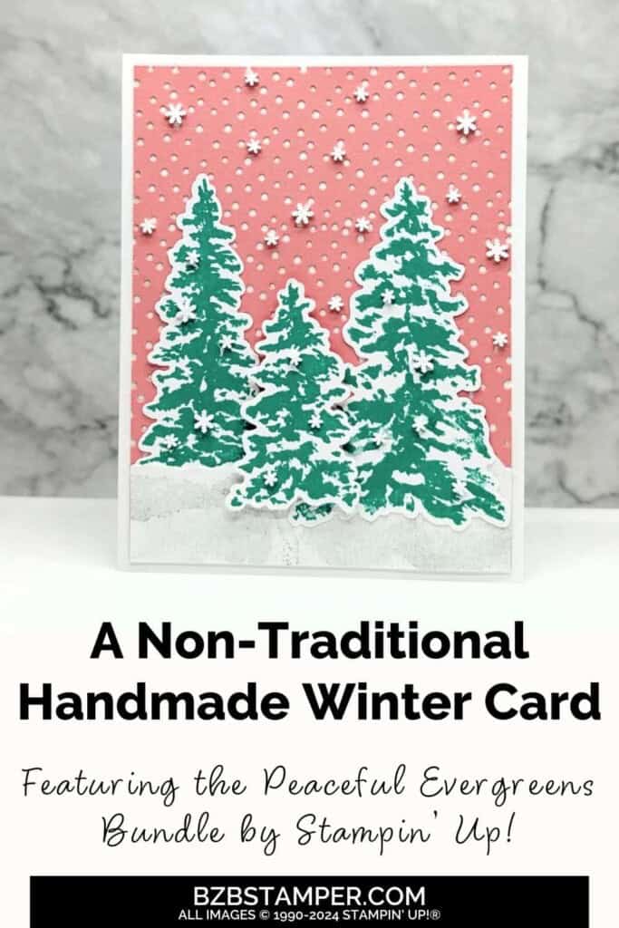 Bright Twist on Winter Peaceful Evergreens Card 6 Bright Twist on Winter Peaceful Evergreens Card in bright coral and green. Dotted die-cut background with 3 fir trees of different sizes and lots of snowflake embellishments. No sentiment on this card.