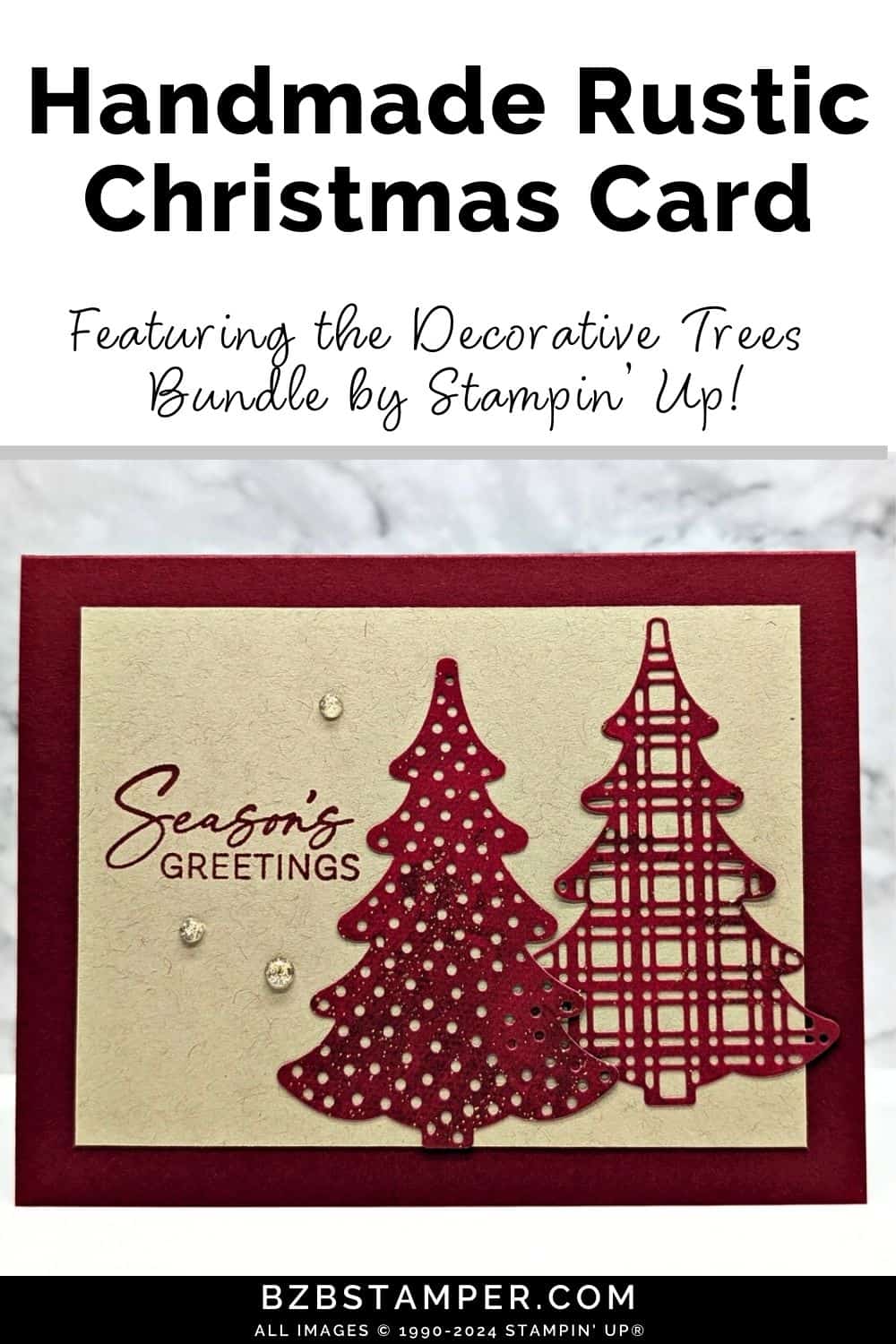Rustic Christmas Card with the Decorative Trees Bundle 5 Rustic Christmas Card with the Decorative Trees Bundle in kraft and deep red, featuring 2 die-cut trees on the front of the card and a "Season's Greetings" sentiment.