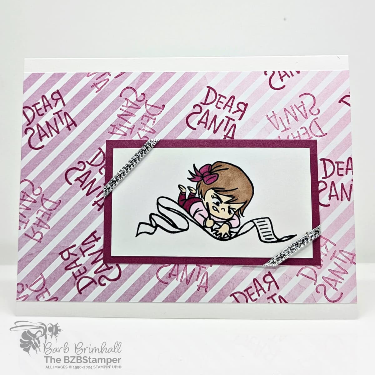 Create an Adorable Card with the Dear Santa Stamps 1 Craft an adorable Card with the Dear Santa Stamps n shades of pink, with a girl filling out her Wish List and a "Dear Santa" sentiment.