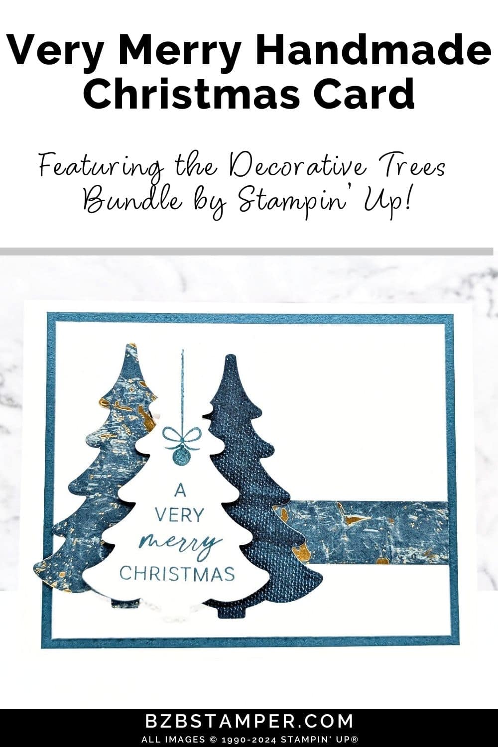 Very Merry Christmas Card with Decorative Trees 5 Very Merry Christmas Card with Decorative Trees Bundle featuring 3 die-cut trees in different shades of blue and a snowflake embossed background.