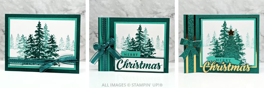 3 Cards using the Peaceful Evergreens Bundle 1 3 Cards using the Peaceful Evergreens Bundle in greens with evergreen trees.