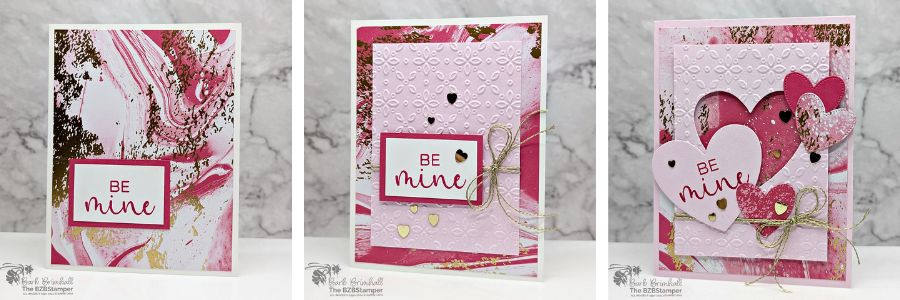 3 Cards using the Hearts of Elegance Bundle 1 3 Cards using the Hearts of Elegance Bundle featuring marbled gold & pink background paper, heart dies and heart embellishments. Sentimnt is "be mine"