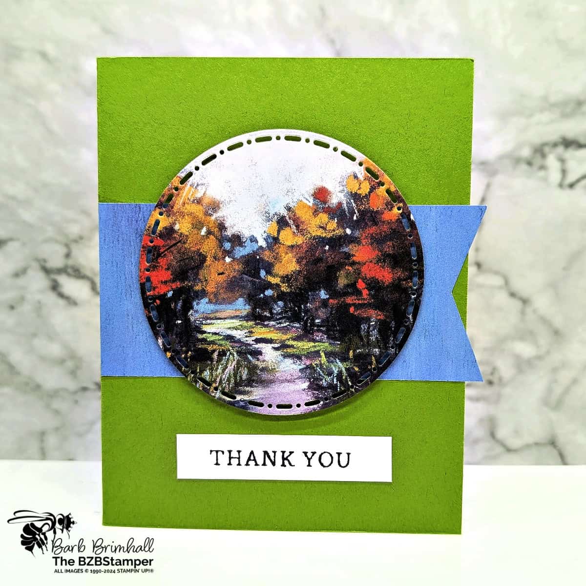 5 Minute Thank You Card using Holiday Card Sketch 10 1 5 Minute Thank You Card using Holiday Card Sketch 10 in blues and greens and featuring a nature scene on a die-cut circle.
