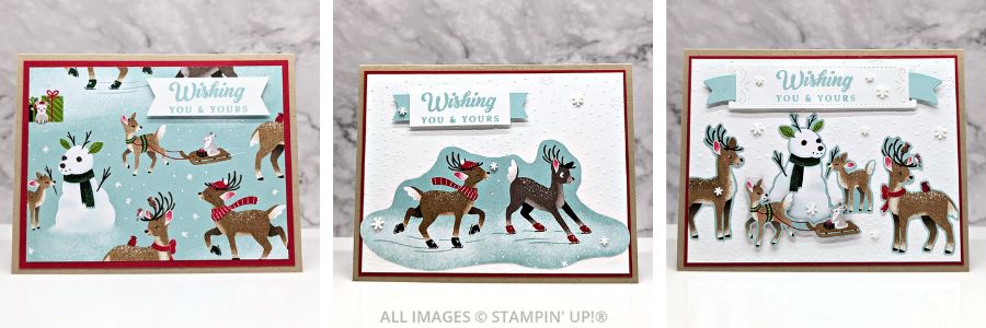 3 Cards using the Peaceful Season Bundle 1 3 Cards using the Peaceful Season Bundle featuring pretty paper with reindeer and snowmen, in kraft, blue and red colors. Sentiment is "wishing you & yours" with a "Merry Christmas" sentiment inside the card.