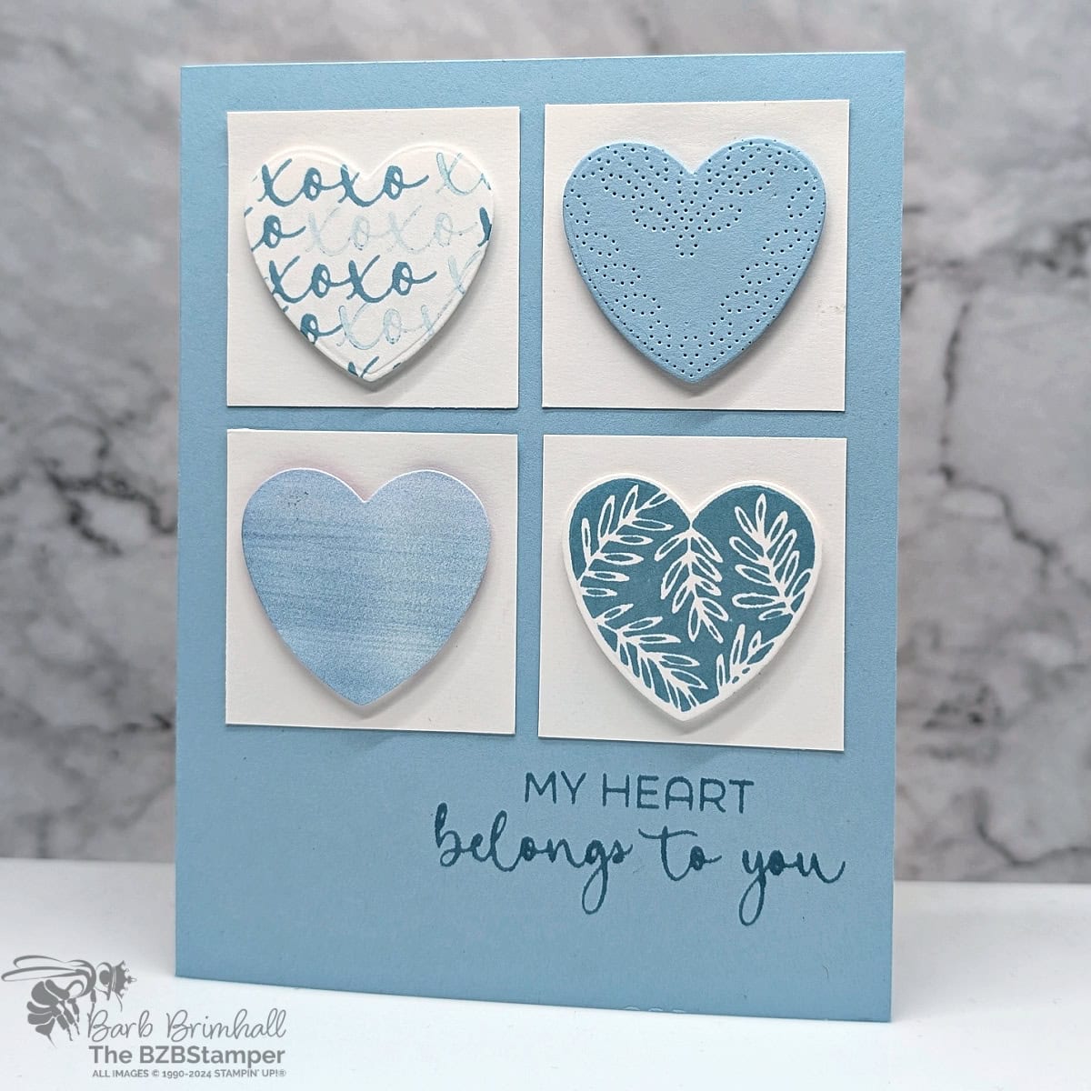 Heartfelt Cards with the Hearts of Elegance Bundle 1 Heartfelt Cards with the Hearts of Elegance Bundle featuring 4 die-cut hearts in different patterns and a monochromatic blue color scheme. Sentiment is "My Heart Belongs To You."