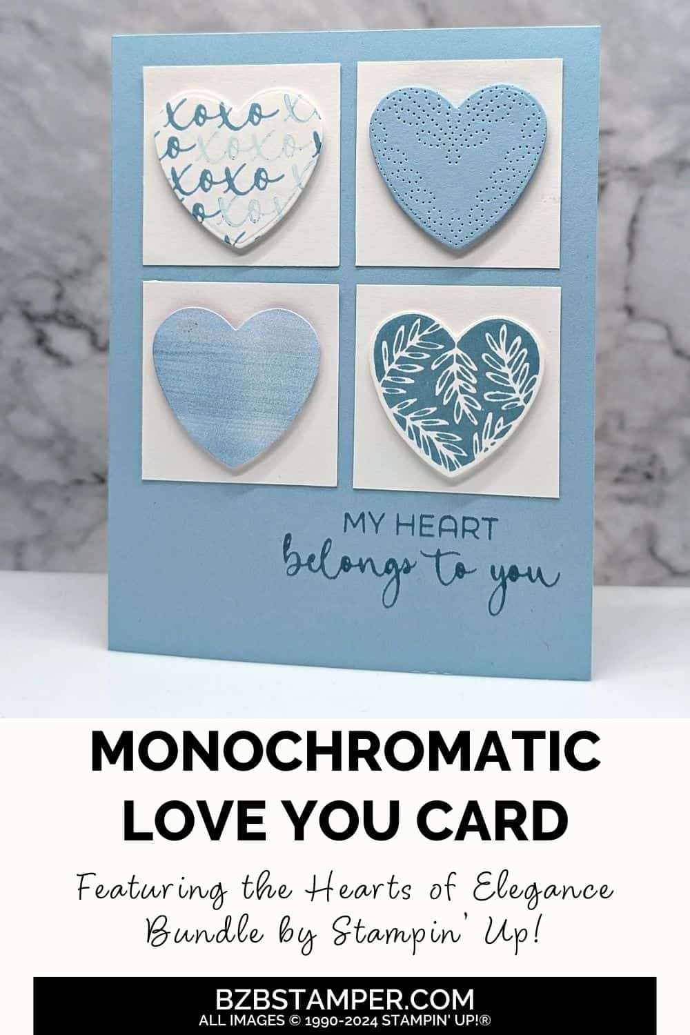Heartfelt Cards with the Hearts of Elegance Bundle 5 Heartfelt Cards with the Hearts of Elegance Bundle featuring 4 die-cut hearts in different patterns and a monochromatic blue color scheme. Sentiment is "My Heart Belongs To You."