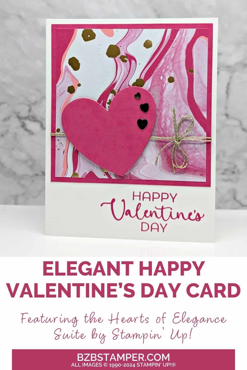 Valentine Cards with the Hearts of Elegance Suite 5 Valentine Cards with the Hearts of Elegance Suite featuring a bright pink heart with pink marbelized paper and gold accents & embellishments. Sentiment is "Happy Valentine's Day."