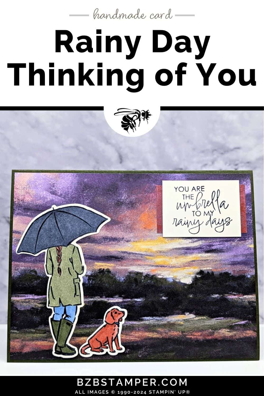 Thinking of You Card Using Umbrella Days Bundle 5 Thinking of You Card Using Umbrella Days Bundle and beautiful paper that evokes a rainy day theme, along with a girl holding and umbrella and a dog.