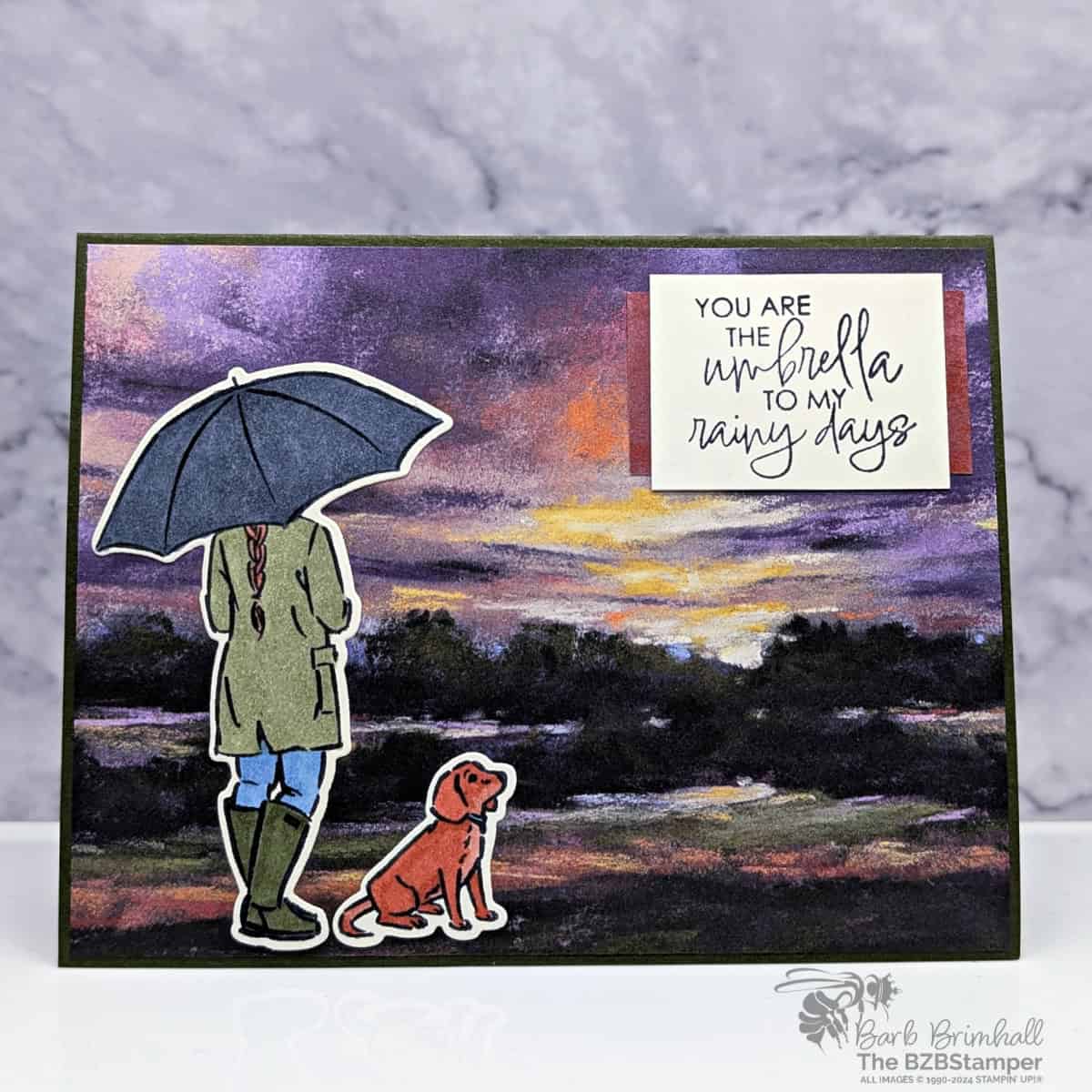 Thinking of You Card Using Umbrella Days Bundle 1 Thinking of You Card Using Umbrella Days Bundle and beautiful paper that evokes a rainy day theme, along with a girl holding and umbrella and a dog.