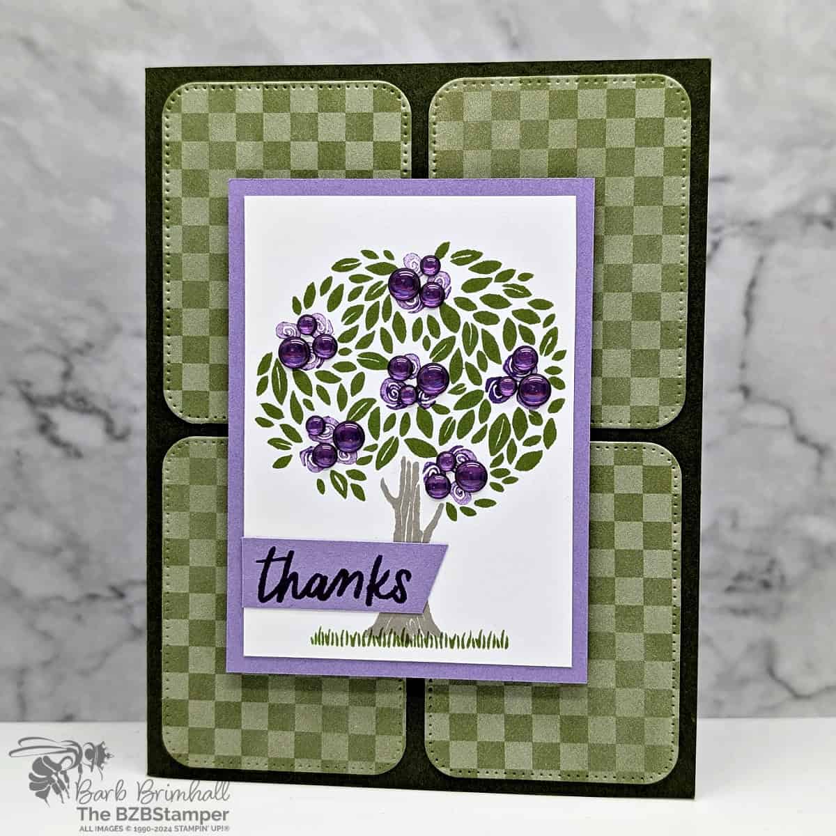 Thank You Card using the Pick A Season Stamp Set 1 Thank You Card using the Pick A Season Stamp Set in purples and greens featuring some fun checkered paper and a tree.