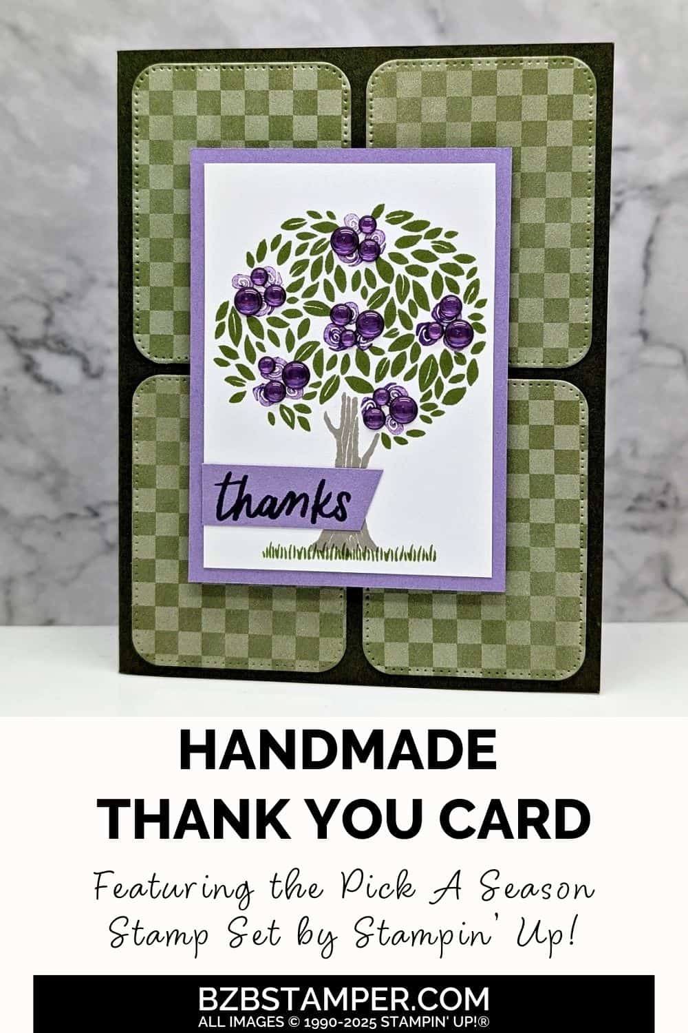 Thank You Card using the Pick A Season Stamp Set 5 Thank You Card using the Pick A Season Stamp Set in purples and greens featuring some fun checkered paper and a tree.