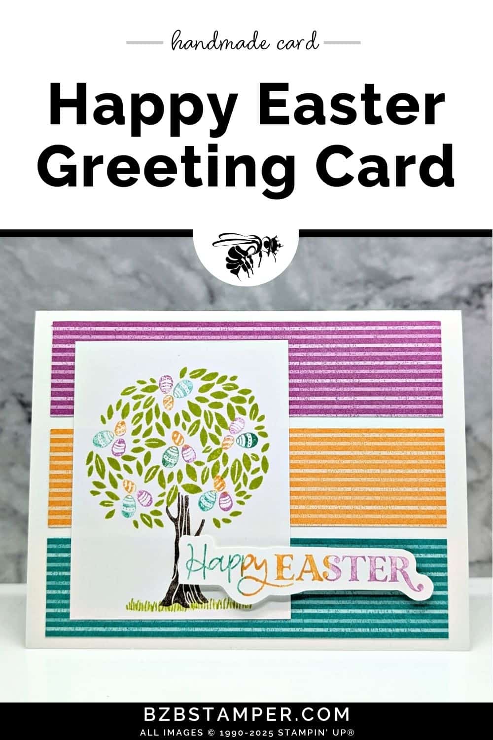 Happy Easter Card Using the Pick A Season Stamp Set 5 Happy Easter Card Using the Pick A Season Stamp Set in purple, blue and peach, featuring a tree hiding Easter Eggs.
