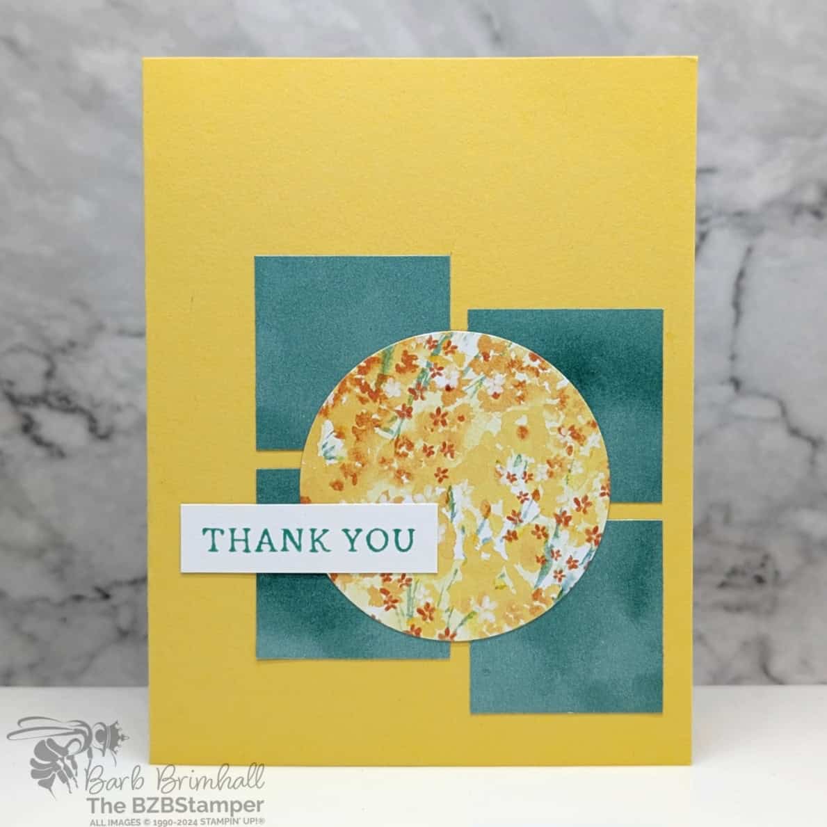 5 Minute Thank You Card Using Card Sketch 33 1 5 Minute Thank You Card Using Card Sketch 33 in yellows and greens with a pretty floral paper circle in the center.