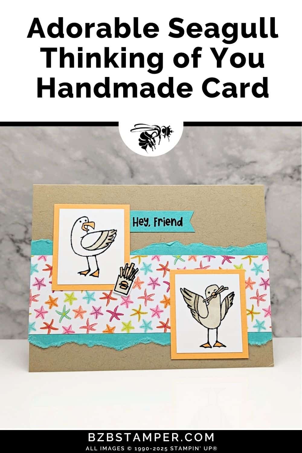 Make a Fun Friendship Card Featuring Playful Seagulls 5 Make a Fun Friendship Card Featuring Playful Seagulls sharing french fries, with pretty papers in blues, yellows and pinks and a "hey friend" sentiment.