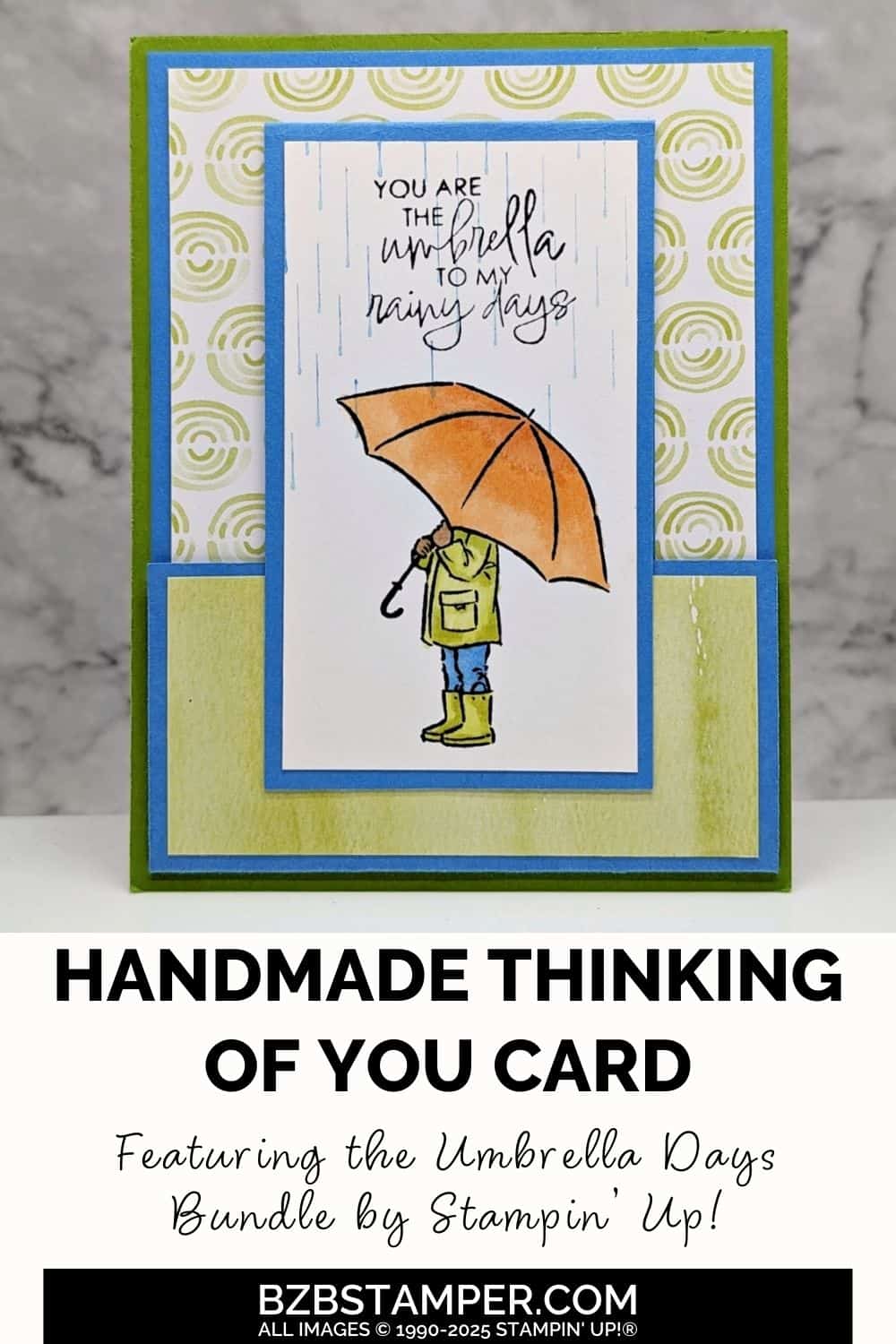 Fun Fold with the Umbrella Days Stamp Set 7 Fun Fold with the Umbrella Days Stamp Set in blues, greens and oranges, with someone holding an umbrella and a "you are the umbrella to my rainy days" sentiment.