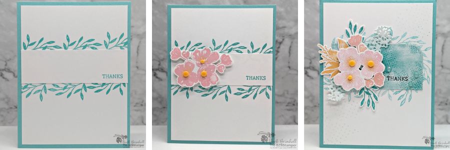 3 Cards using the Regal Flora Bundle 1 3 Card using the Regal Flora Bundle in blues, pinks and peaches, featuring floral stamps with leaves and a "thanks" sentiment.