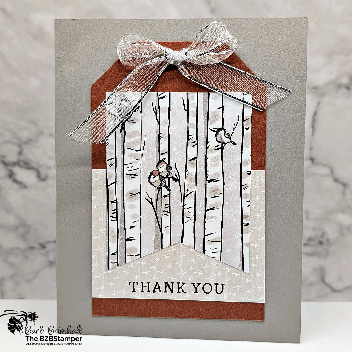 5 Minute Thank You Card using Holiday Sketch 12 1 5 Minute Thank You Card using Holiday Sketch 12 using pretty paper featuring birds and neutral pattern, with a thank you sentiment. Colors in grays and browns.