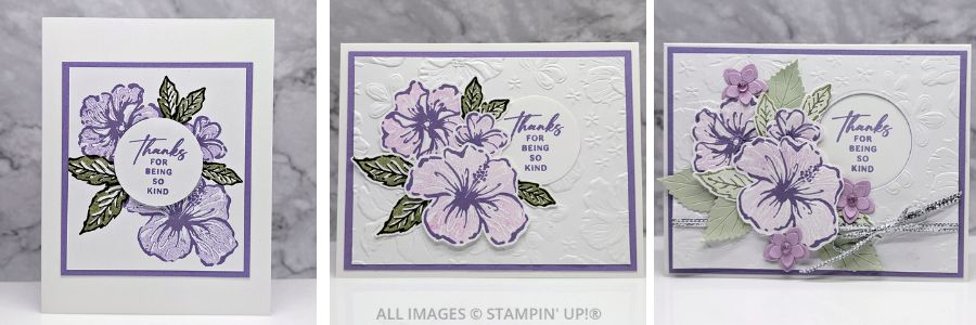 3 Cards using the Happy Hibiscus Bundle 1 3 Cards using the Happy Hibiscus Bundle featuring purples and greens with a "thanks for being so kind" sentiment.