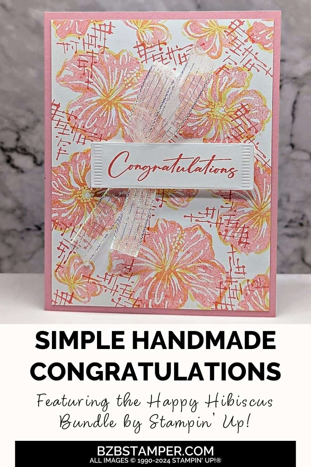 Congratulations Card With the Happy Hibiscus Bundle 6 Congratulations Card With the Happy Hibiscus Bundle in soft pink and yellow flowers with a "congratulations" sentiment and some white sparkly ribbon.