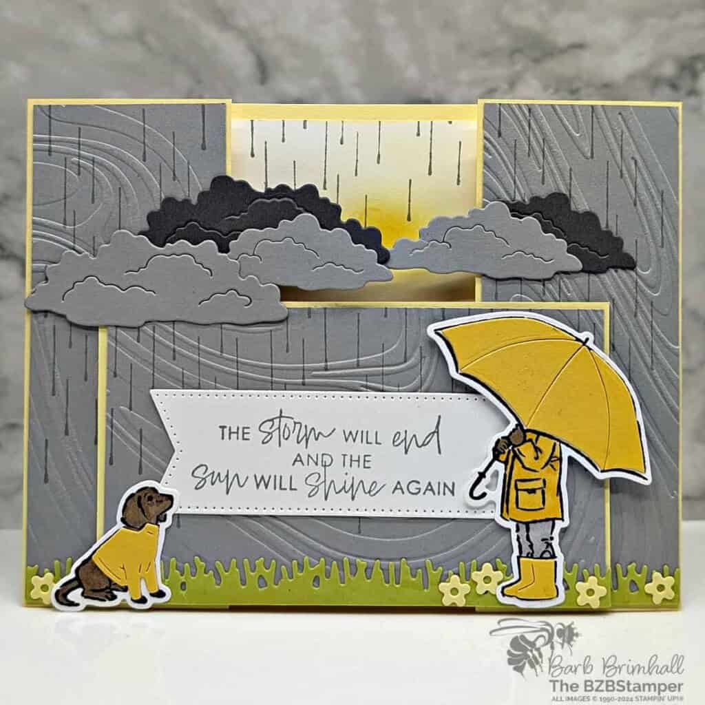 3 Cards using the Umbrella Days Bundle 4 3 Cards using the Umbrella Days Bundle in yellows and grays featuring a girl holding an umbrella on a cloudy day and the sentiment "the storm will end and the sun will shine again."