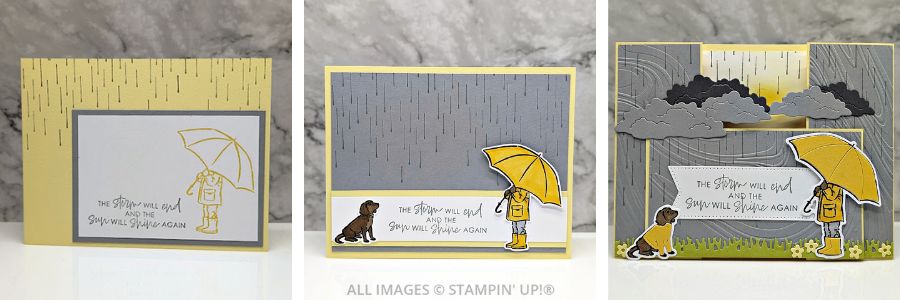 3 Cards using the Umbrella Days Bundle 1 3 Cards using the Umbrella Days Bundle in yellows and grays featuring a girl holding an umbrella on a cloudy day and the sentiment "the storm will end and the sun will shine again."