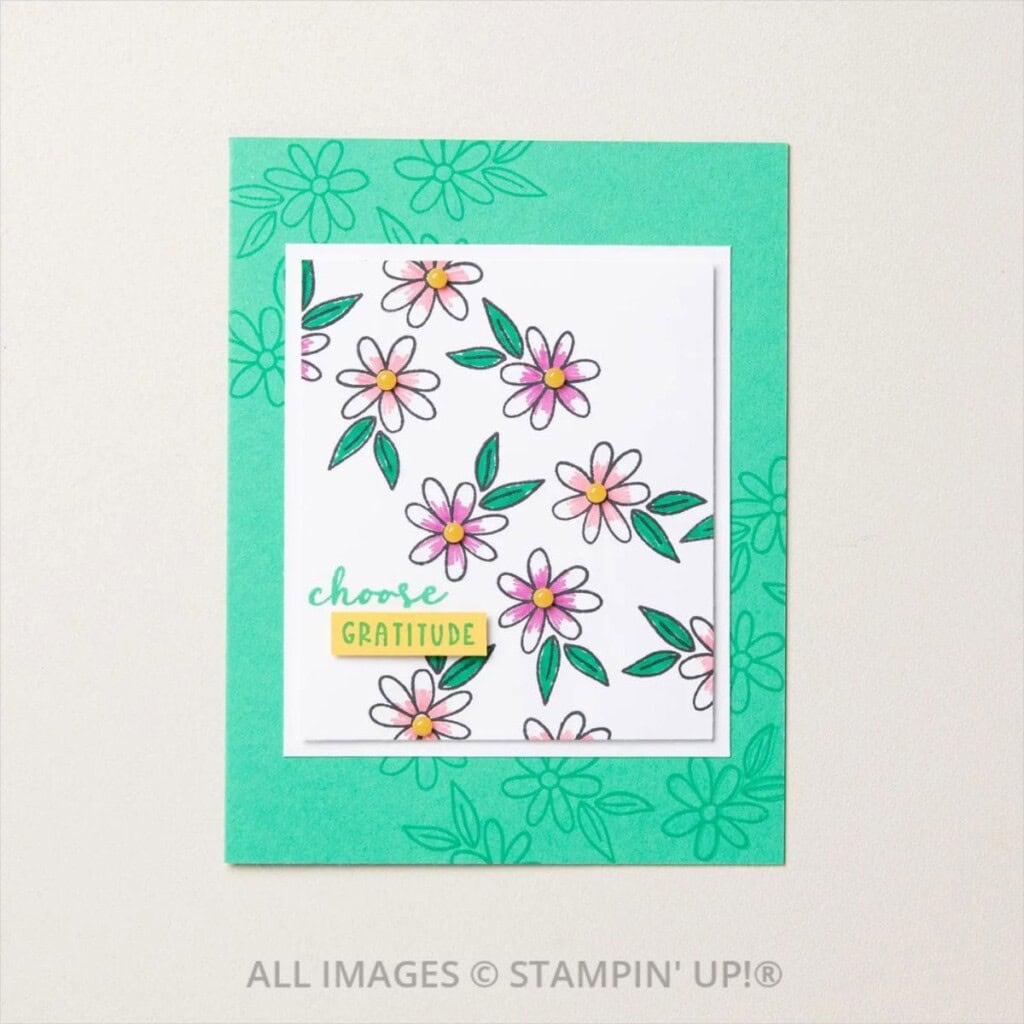 Stampin' Up! Stampin' Write Markers: Features & Tips 3 Stampin' Up! Stampin' Write Markers showing used on a floral card in greens, purples and yellow with a "choose gratitude" sentiment.