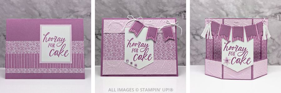 3 Cards using the Birthday Celebration Bundle 1 3 cards made using the Birthday Celebration Bundle by Stampin' Up! in purples and pinks, from a very simple design to a fancy fun fold card. Sentiment is "hooray for cake".