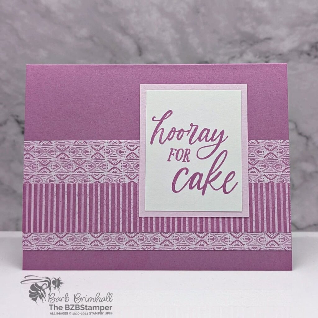 3 Cards using the Birthday Celebration Bundle 2 3 cards made using the Birthday Celebration Bundle by Stampin' Up! in purples and pinks, from a very simple design to a fancy fun fold card. Sentiment is "hooray for cake".