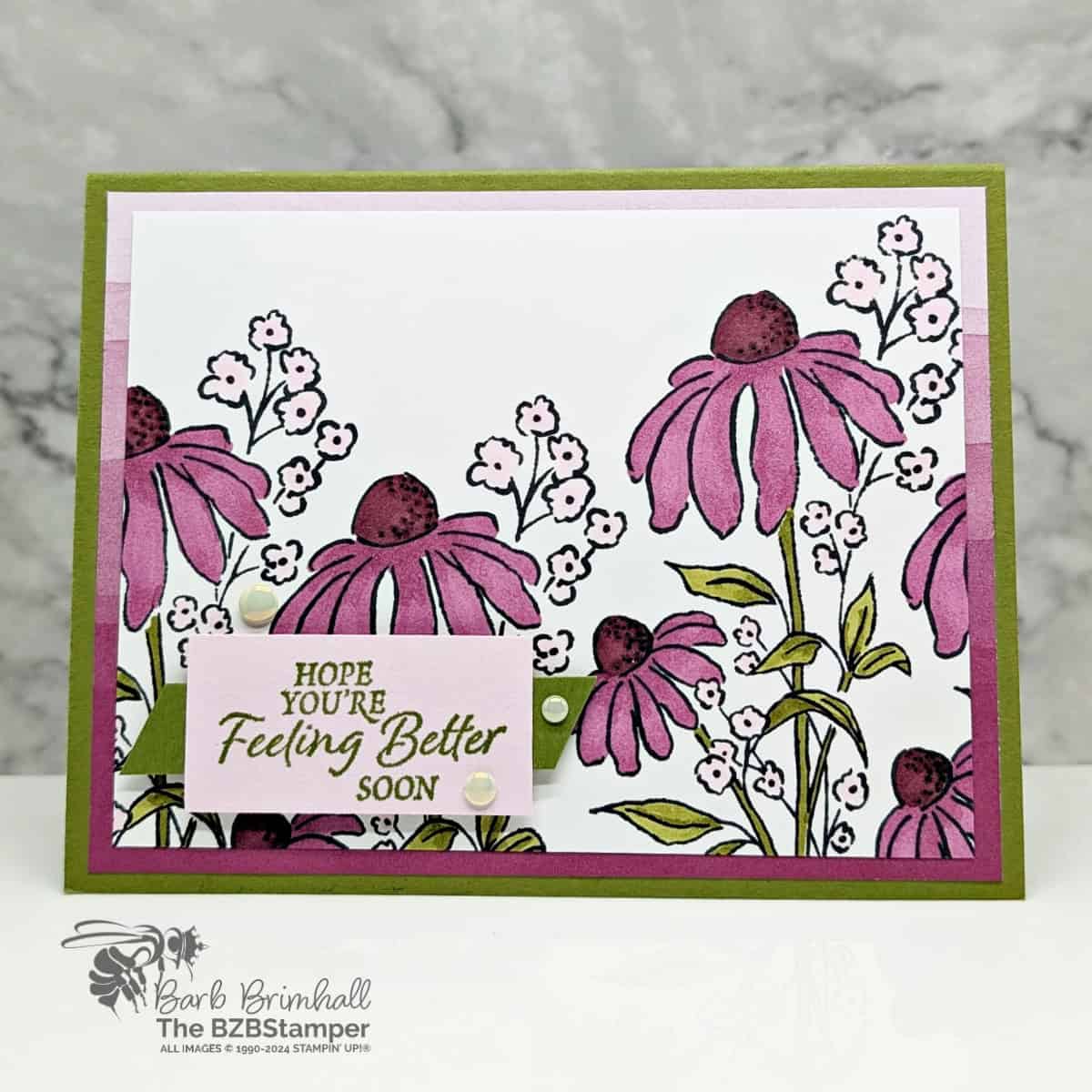 Get Well Card Using the Mixed Florals Stamp Set 1 Get Well Card Using the Mixed Florals Stamp Set in pinks and purples with a "Hope you're feeling better soon" sentiment
