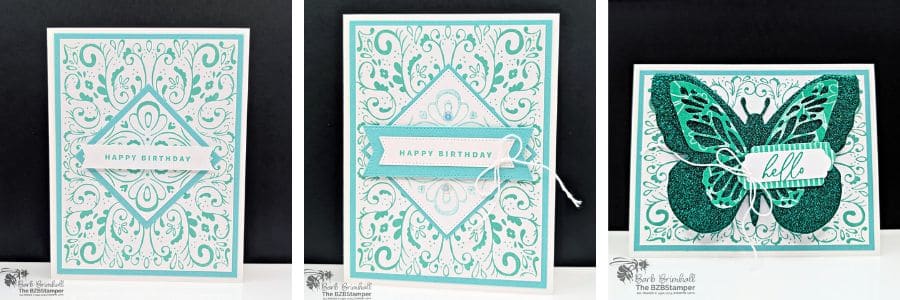 3 Cards Using the Tiled Techniques Stamp Set 1 3 Cards Using the Tiled Techniques Stamp Set featured a beautiful patterned background in blue and a Happy Birthday Sentiment. One card features a glittery butterfly.