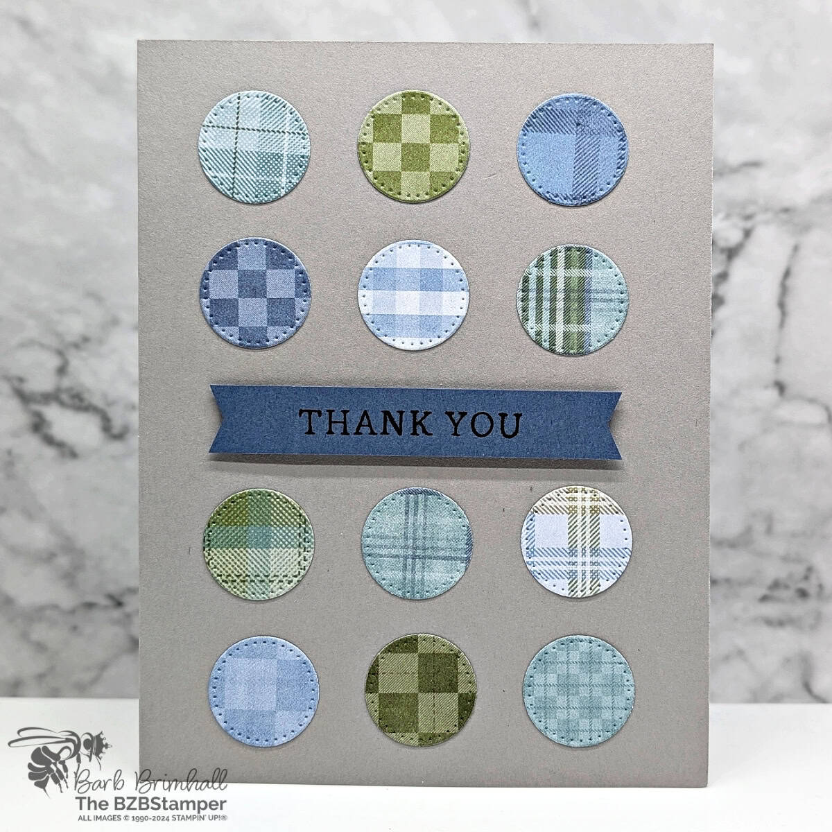 5 Minute Thank You Card Using Card Sketch 35 1 5 Minute Thank You Card Using Card Sketch 35 in grays, blues and greens and small plaid circles.