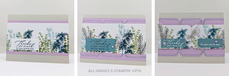 3 Cards using the Grow With Love Bundle 1 3 Cards using the Grow With Love Bundle featuring foliage in light purple and shades of green, with a sentiment "thanks so much for your love & care."
