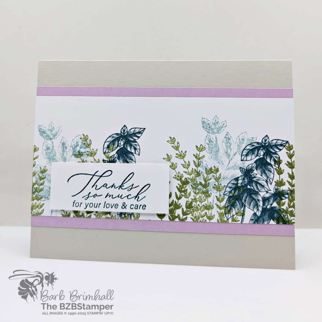 3 Cards using the Grow With Love Bundle 2 3 Cards using the Grow With Love Bundle featuring foliage in light purple and shades of green, with a sentiment "thanks so much for your love & care."