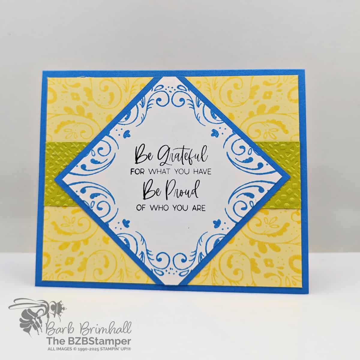 Seamless Crafting with Tiled Techniques Stamp Set 1 Seamless Crafting with Tiled Techniques Stamp Set in bright blue, yellow, and green with a swirl pattern and a "be grateful for what you have..." sentiment.
