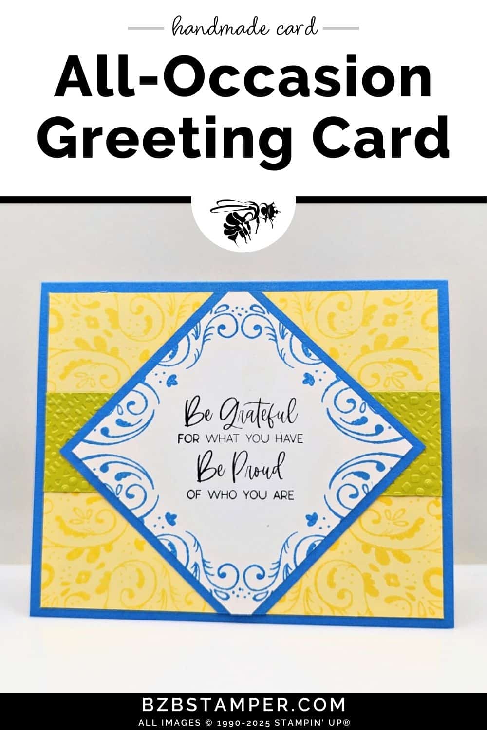 Seamless Crafting with Tiled Techniques Stamp Set 6 Seamless Crafting with Tiled Techniques Stamp Set in bright blue, yellow, and green with a swirl pattern and a "be grateful for what you have..." sentiment.!