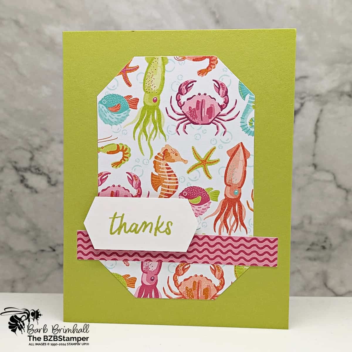 5 Minute Thank You Card Using Card Sketch 36 1 5 Minute Thank You Card Using Card Sketch 36 featuring ocean creatures on pretty paper in greens, oranges, blues, and hot pink.
