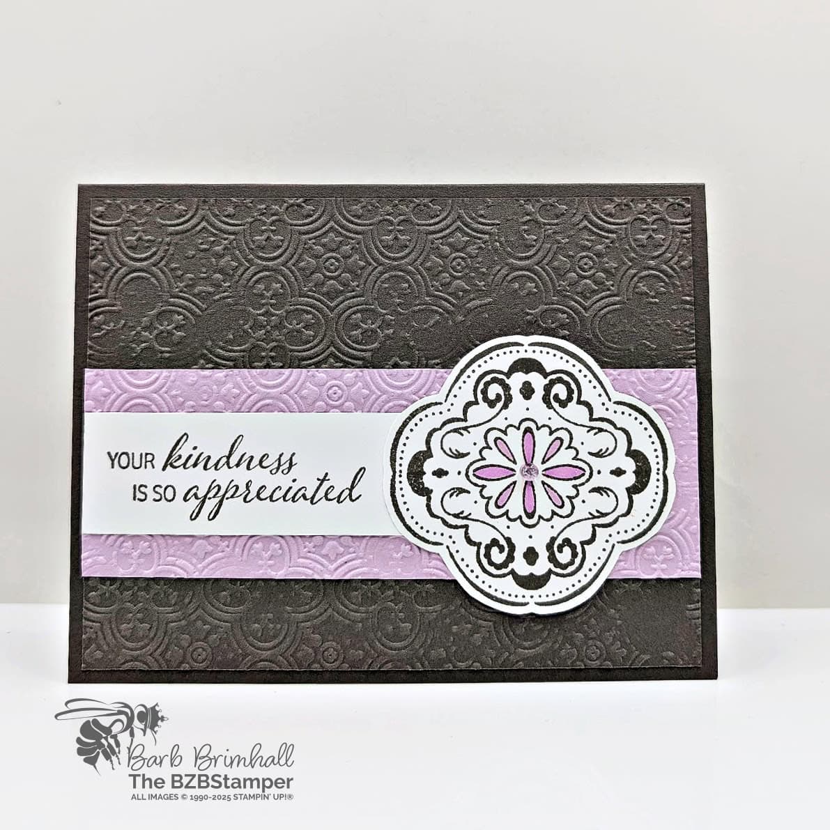 Thank You Card featuring the Tiled Techniques Stamps 1 Thank You Card featuring the Tiled Techniques Stamps in browns and purples, with the sentiment "your kindness is so appreciated"