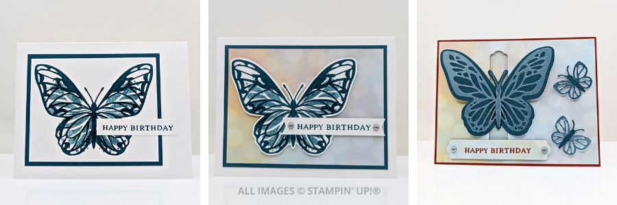 3 Cards using the Beautiful Butterflies Bundle 1 3 Cards using the Beautiful Butterflies Bundle in blues with soft pastel Bokeh paper and a "happy birthday" sentiment.