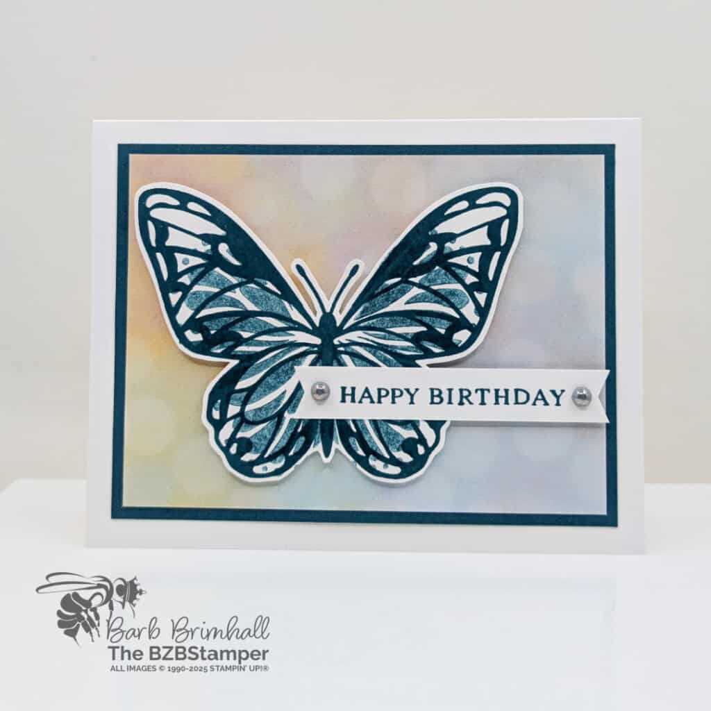 3 Cards using the Beautiful Butterflies Bundle 3 3 Cards using the Beautiful Butterflies Bundle in blues with soft pastel Bokeh paper and a "happy birthday" sentiment.