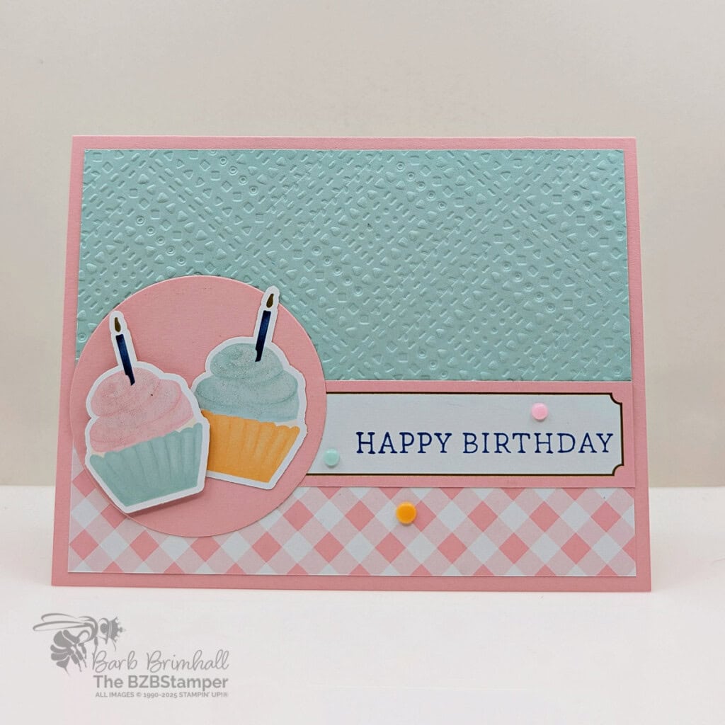 The Beautiful Wildflower Birthday Specialty Paper 3 3 Cards using the Wildflower Birthday Specialty Paper in pinks, blues, and corals, as well as cupcakes and gingham paper.