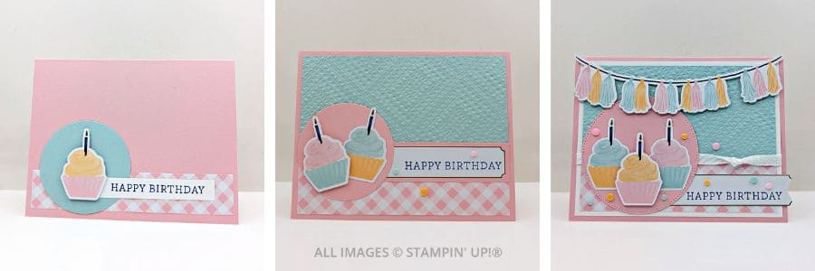 The Beautiful Wildflower Birthday Specialty Paper 1 3 Cards using the Wildflower Birthday Specialty Paper in pinks, blues, and corals, as well as cupcakes and gingham paper.